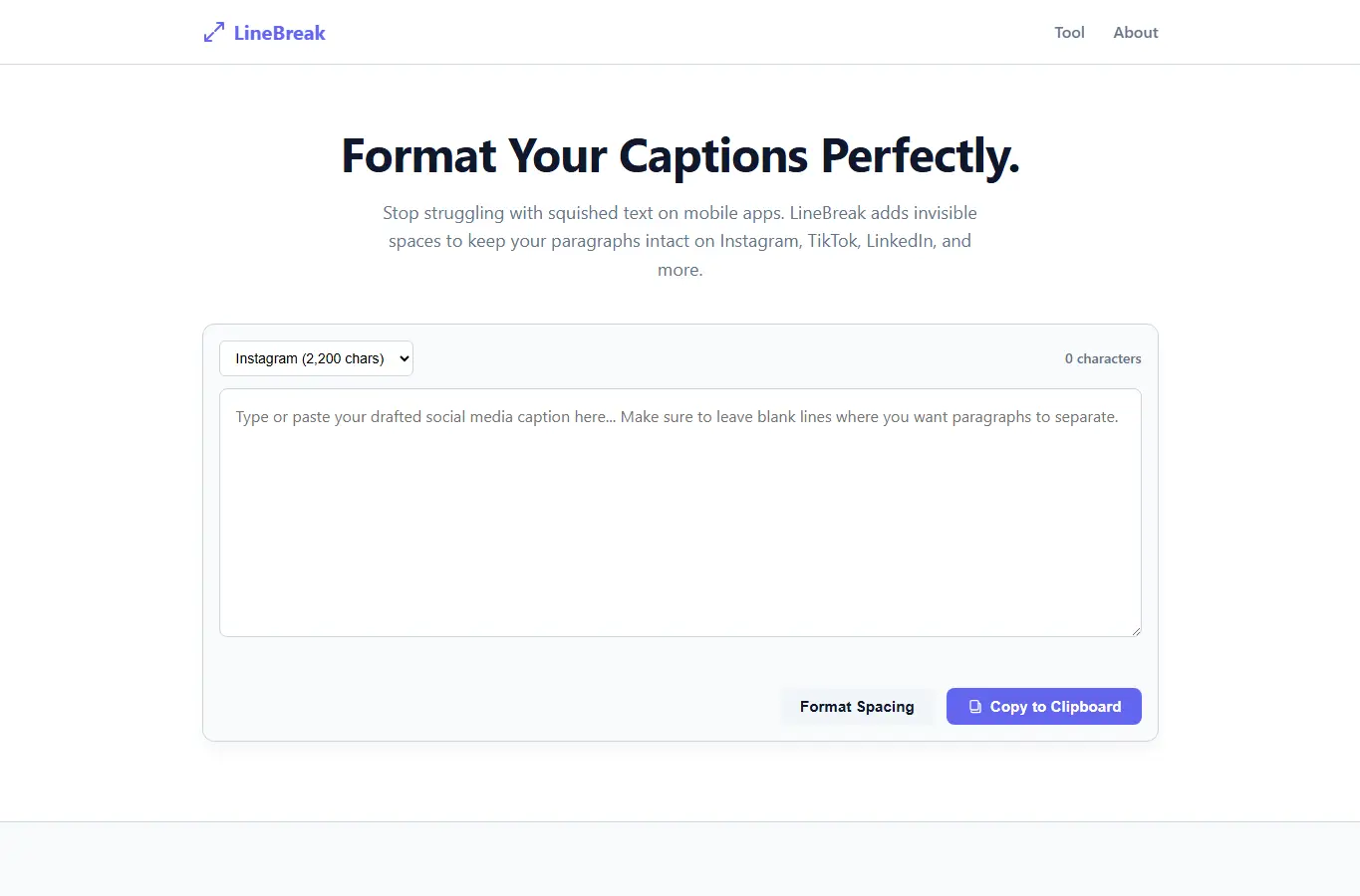 Screenshot of LineBreak: Social Copy Formatter interface showing the project page in use